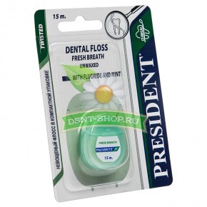 President  Dental Floss Fresh Breath Unwaxed  , 15 